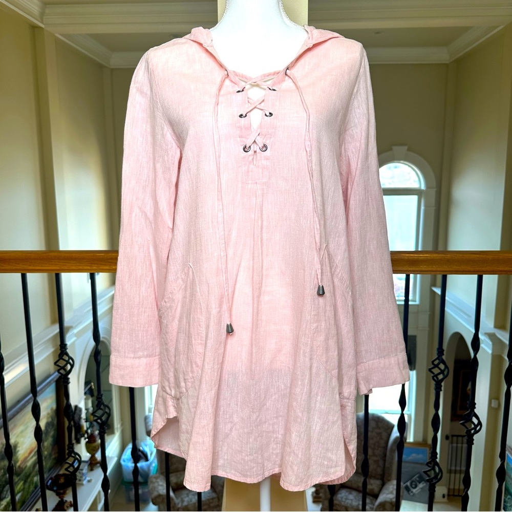 FORCYNTHIA Beachwear, Linen/Cotton, Hooded Cover-up in Blush Pink. Size M.